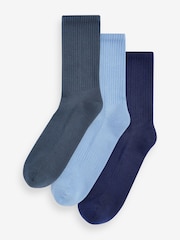 Blue Cushion Sole Ribbed Sport Ankle Socks 3 Pack With Arch Support - Image 1 of 4