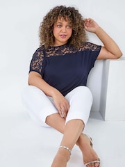 Roman Blue Lace Yoke Stretch Bubble Hem Top - Image 1 of 4