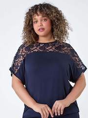 Roman Blue Lace Yoke Stretch Bubble Hem Top - Image 2 of 4