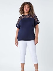 Roman Blue Lace Yoke Stretch Bubble Hem Top - Image 3 of 4