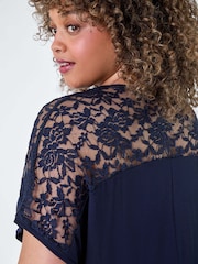 Roman Blue Lace Yoke Stretch Bubble Hem Top - Image 4 of 4