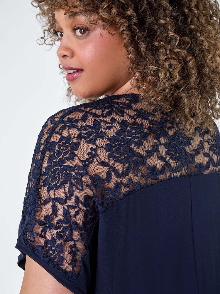 Roman Blue Lace Yoke Stretch Bubble Hem Top - Image 4 of 4