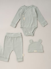 Homegrown Green 3 Piece Ribbed Bodysuit Joggers And Bear Hat Set - Image 1 of 5