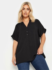 Yours Curve Black Short Sleeve Half Placket Blouse - Image 1 of 4