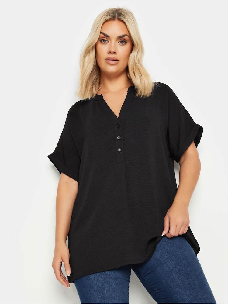 Yours Curve Black Short Sleeve Half Placket Blouse - Image 1 of 4