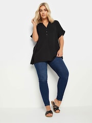 Yours Curve Black Short Sleeve Half Placket Blouse - Image 2 of 4