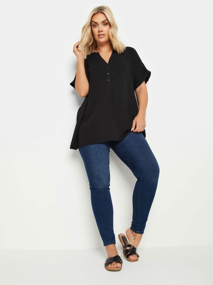 Yours Curve Black Short Sleeve Half Placket Blouse - Image 2 of 4