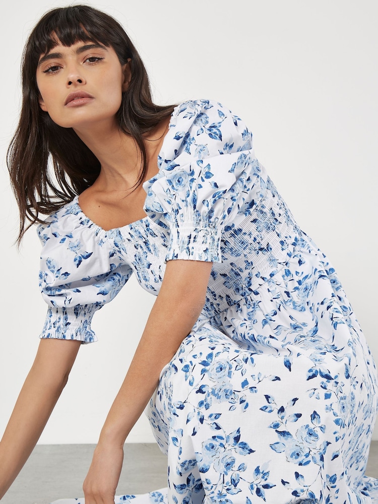 Apricot Blue Rose Cotton Milkmaid Midaxi Dress - Image 2 of 5 Apricot Blue Rose Cotton Milkmaid Midaxi Dress - Image 2 of 5