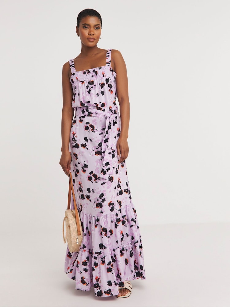 JD Williams Purple Printed Tie Waist Apron Dress - Image 1 of 4 JD Williams Purple Printed Tie Waist Apron Dress - Image 1 of 4