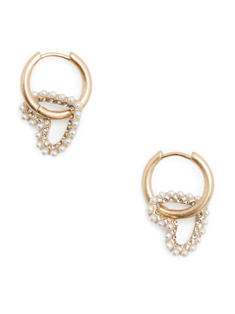 AllSaints Gold Stone Pearl Heart Charm Huggies Earrings - Image 1 of 3 AllSaints Gold Stone Pearl Heart Charm Huggies Earrings - Image 1 of 3