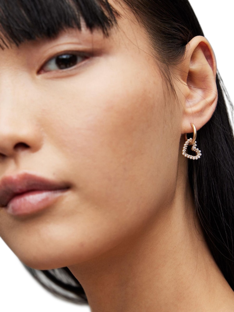 AllSaints Gold Stone Pearl Heart Charm Huggies Earrings - Image 2 of 3 AllSaints Gold Stone Pearl Heart Charm Huggies Earrings - Image 2 of 3
