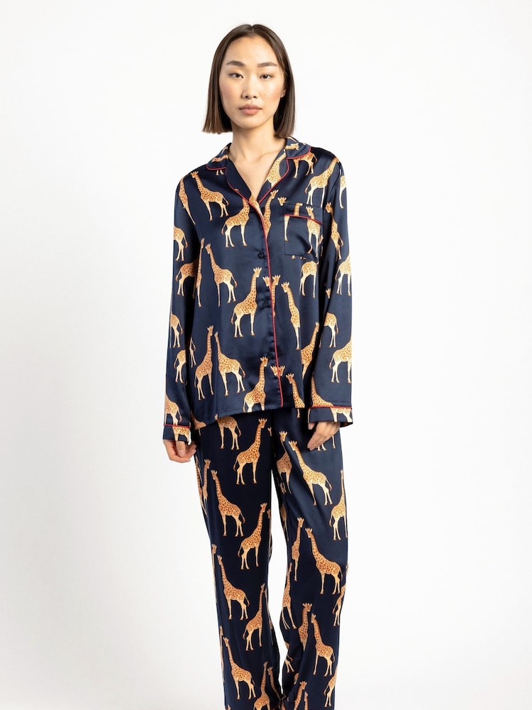 Chelsea Peers Blue Satin Button Up Long Pyjamas Set - Image 1 of 5