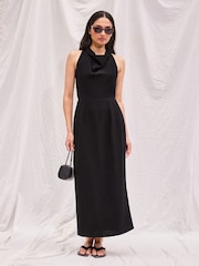 Ro&Zo Black Cowl Neck Midi Dress With Linen - Image 1 of 5