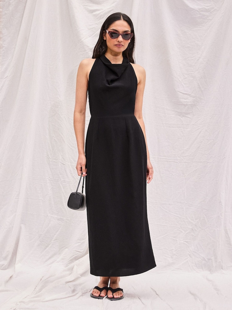 Ro&Zo Black Cowl Neck Midi Dress With Linen - Image 1 of 5 Ro&Zo Black Cowl Neck Midi Dress With Linen - Image 1 of 5
