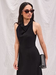 Ro&Zo Black Cowl Neck Midi Dress With Linen - Image 2 of 5