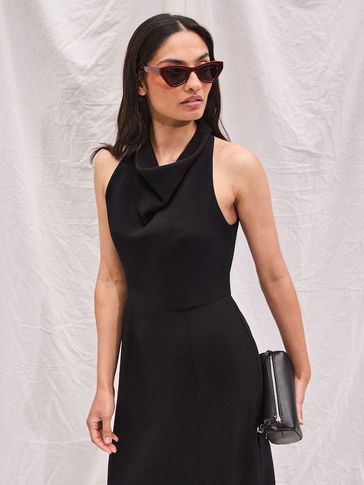 Ro&Zo Black Cowl Neck Midi Dress With Linen - Image 2 of 5 Ro&Zo Black Cowl Neck Midi Dress With Linen - Image 2 of 5