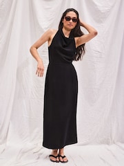 Ro&Zo Black Cowl Neck Midi Dress With Linen - Image 3 of 5