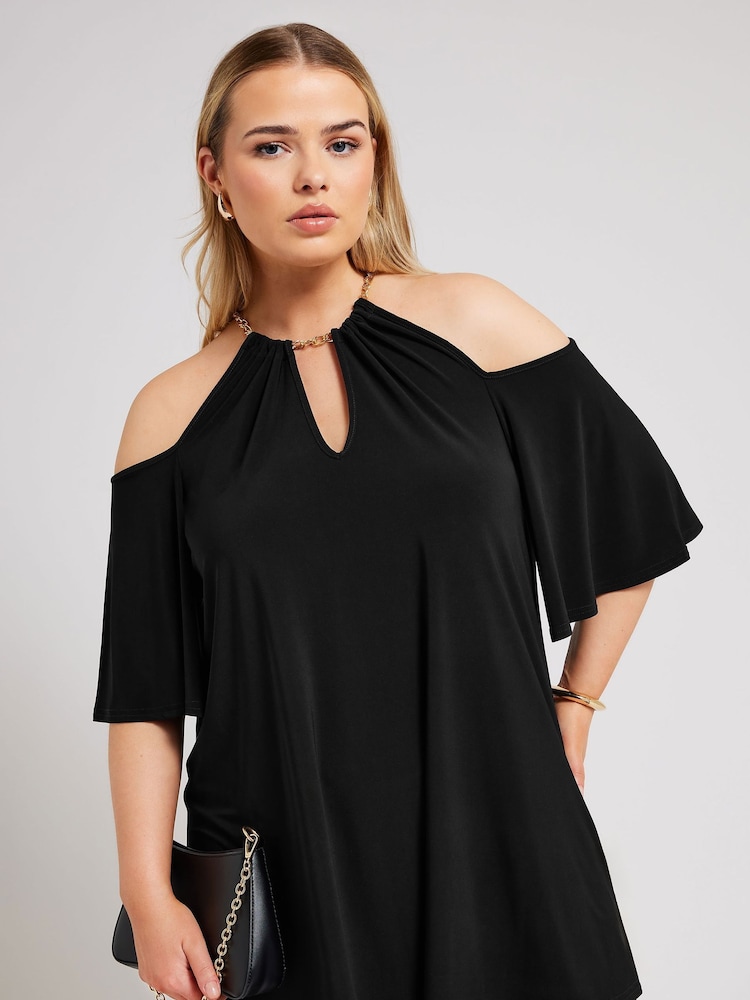 Yours Curve Black YOURS LONDON Curve Black Chain Cold Shoulder Top - Image 1 of 6