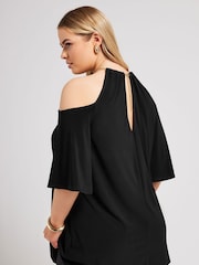 Yours Curve Black YOURS LONDON Curve Black Chain Cold Shoulder Top - Image 2 of 6