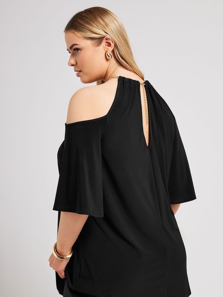 Yours Curve Black YOURS LONDON Curve Black Chain Cold Shoulder Top - Image 2 of 6