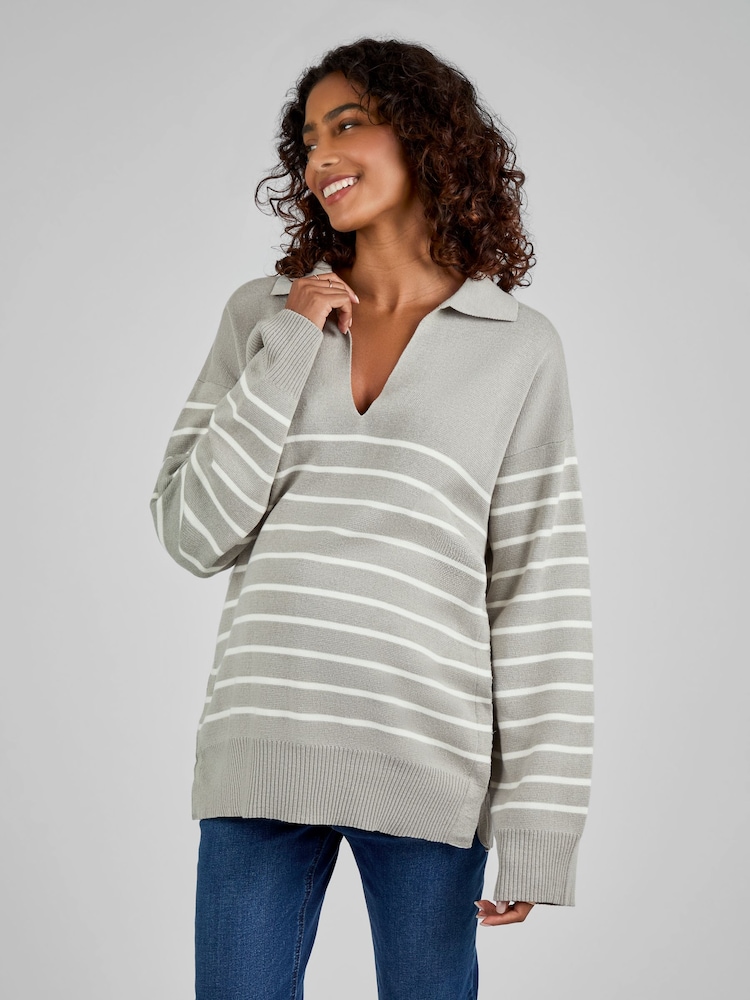 JoJo Maman Bébé Grey & Ecru Cream Stripe Collared Maternity & Nursing Jumper - Image 1 of 4