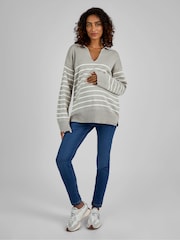 JoJo Maman Bébé Grey & Ecru Cream Stripe Collared Maternity & Nursing Jumper - Image 3 of 4