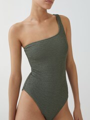 Mango Green Crinkle One Shoulder Swimsuit - Image 3 of 6
