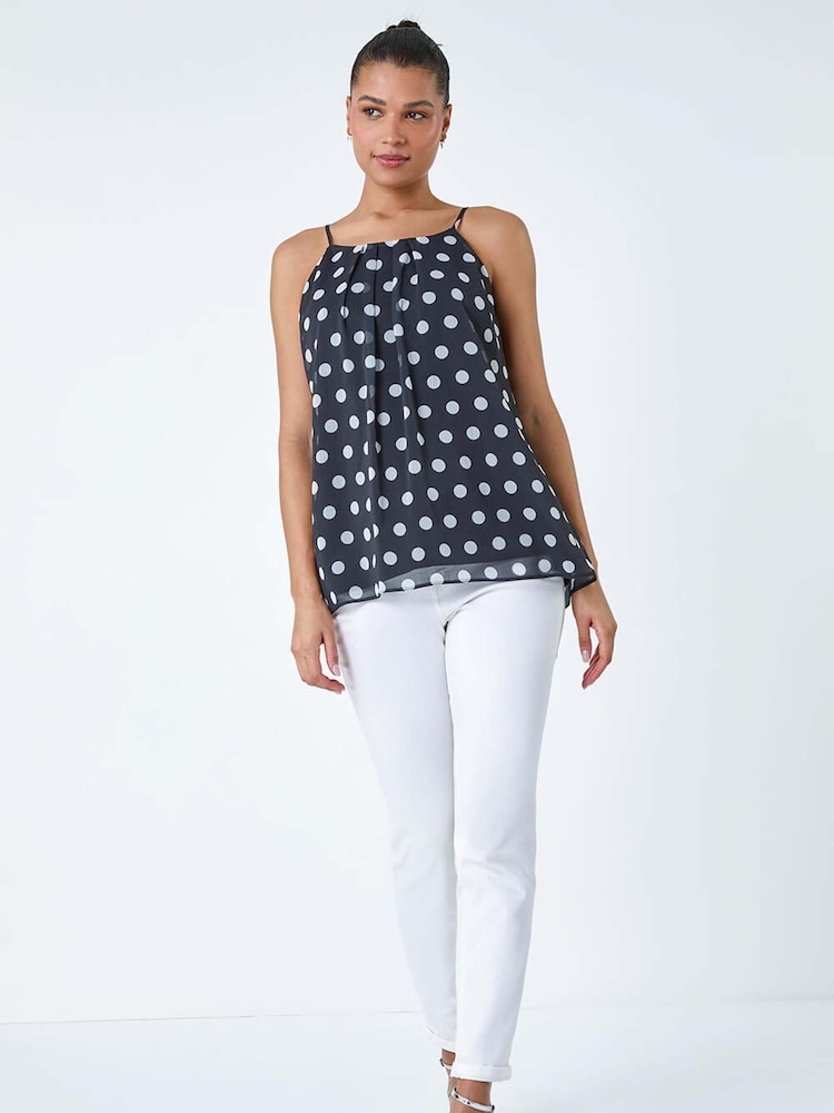 Roman Black Polka Dot Print Chiffon Cami Top - Image 1 of 5