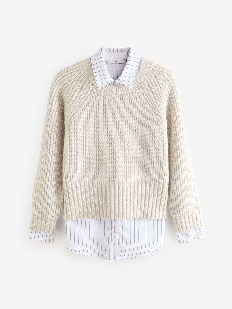 Neutral Collared Shirt Layer Knitted Jumper - Image 5 of 7