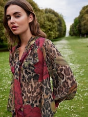 Brown Leopard and Floral Print Long Sleeve Tie Neck Blouse - Image 1 of 7