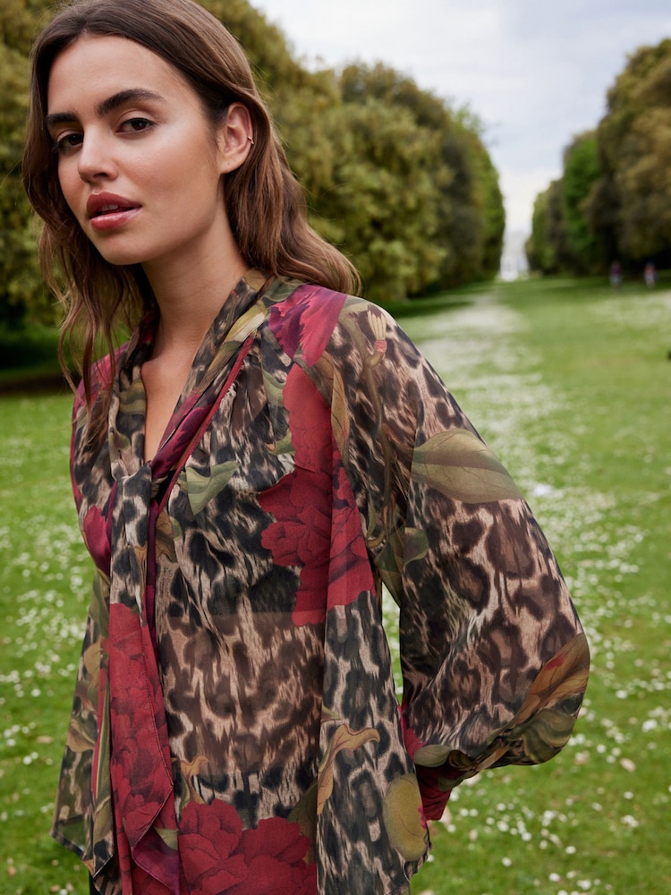 Brown Leopard and Floral Print Long Sleeve Tie Neck Blouse - Image 1 of 7