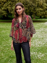 Brown Leopard and Floral Print Long Sleeve Tie Neck Blouse - Image 2 of 7