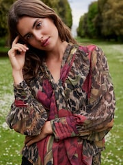 Brown Leopard and Floral Print Long Sleeve Tie Neck Blouse - Image 5 of 7