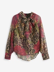 Brown Leopard and Floral Print Long Sleeve Tie Neck Blouse - Image 6 of 7