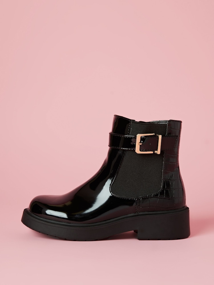Lipsy Black Flat Patent Buckle Chelsea Boot - Image 1 of 4