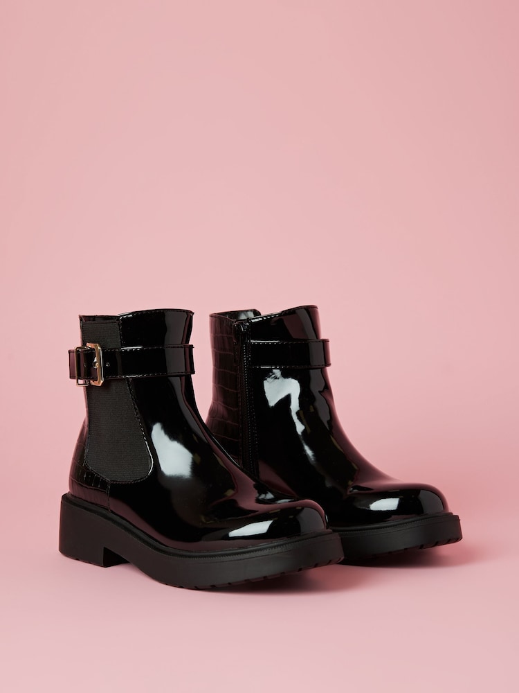 Lipsy Black Flat Patent Buckle Chelsea Boot - Image 2 of 4