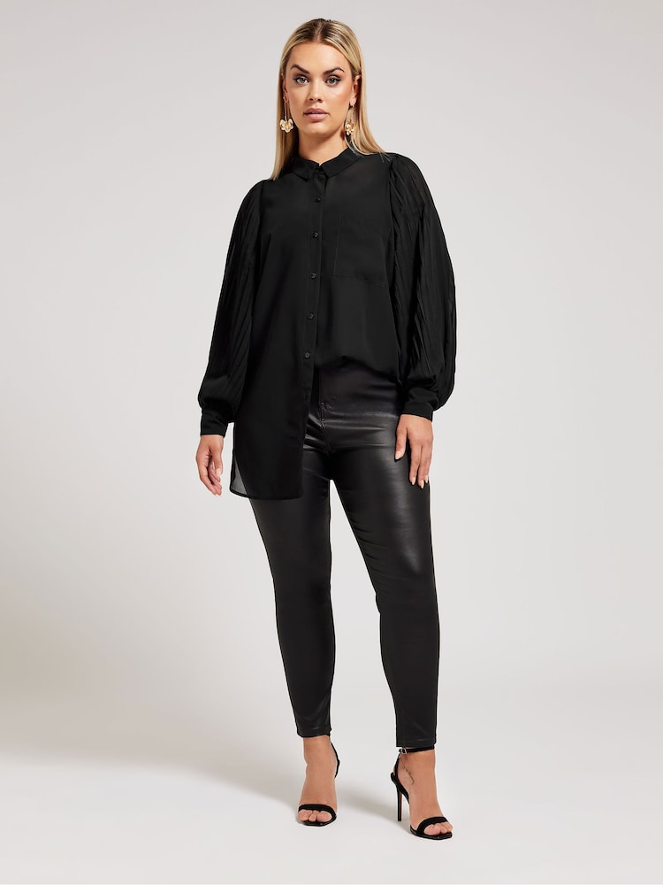 Yours Curve Black London Long Pleat Sleeve Shirt - Image 2 of 5