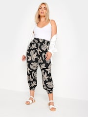 Yours Curve Black Leaf Print Shirred Harem Trousers - Image 2 of 5