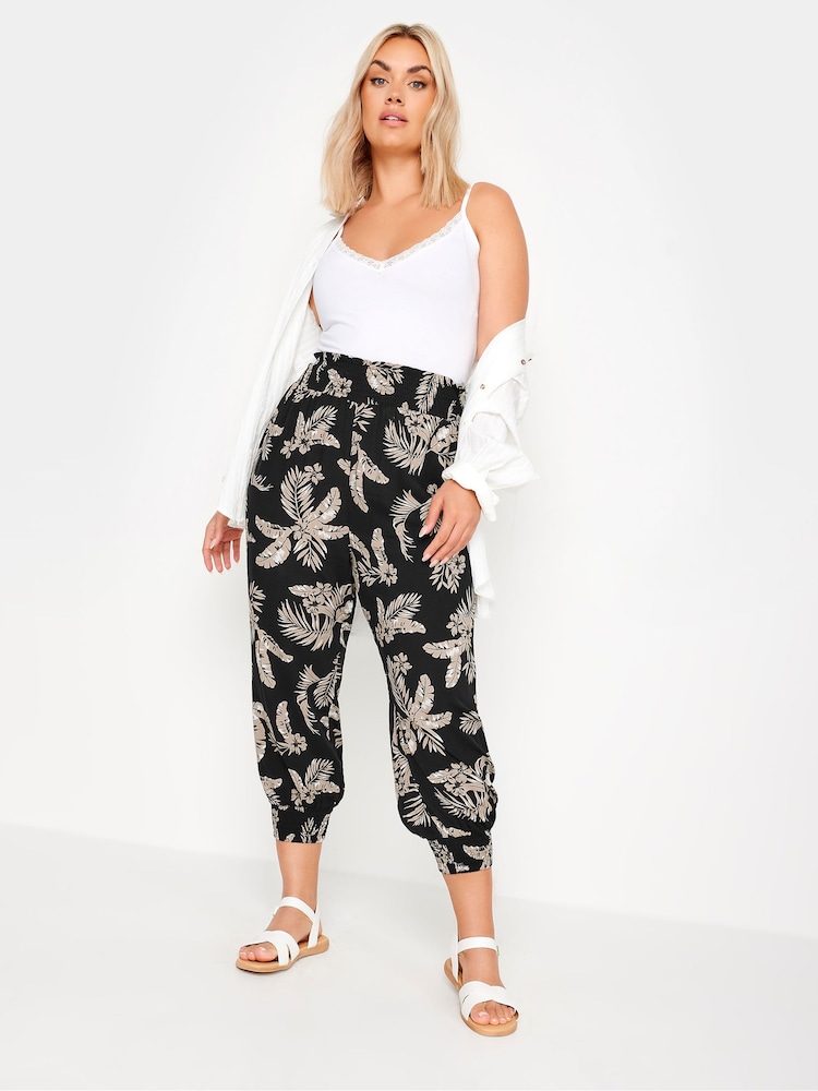Yours Curve Black Leaf Print Shirred Harem Trousers - Image 2 of 5