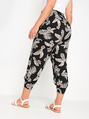 Yours Curve Black Leaf Print Shirred Harem Trousers - Image 3 of 5