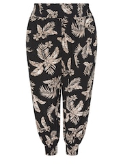 Yours Curve Black Leaf Print Shirred Harem Trousers - Image 5 of 5