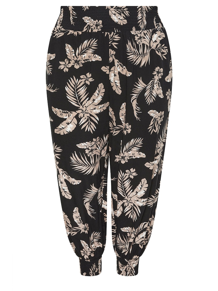Yours Curve Black Leaf Print Shirred Harem Trousers - Image 5 of 5