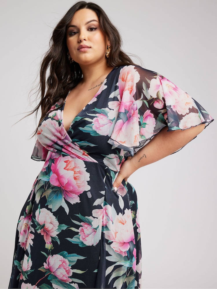 Yours Curve Navy Blue Floral Print Wrap Maxi Dress - Image 1 of 5