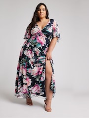 Yours Curve Navy Blue Floral Print Wrap Maxi Dress - Image 2 of 5