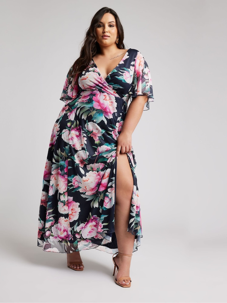Yours Curve Navy Blue Floral Print Wrap Maxi Dress - Image 2 of 5