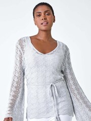 Roman Grey Shimmer Crochet Tie Stretch Knit Jumper - Image 1 of 5