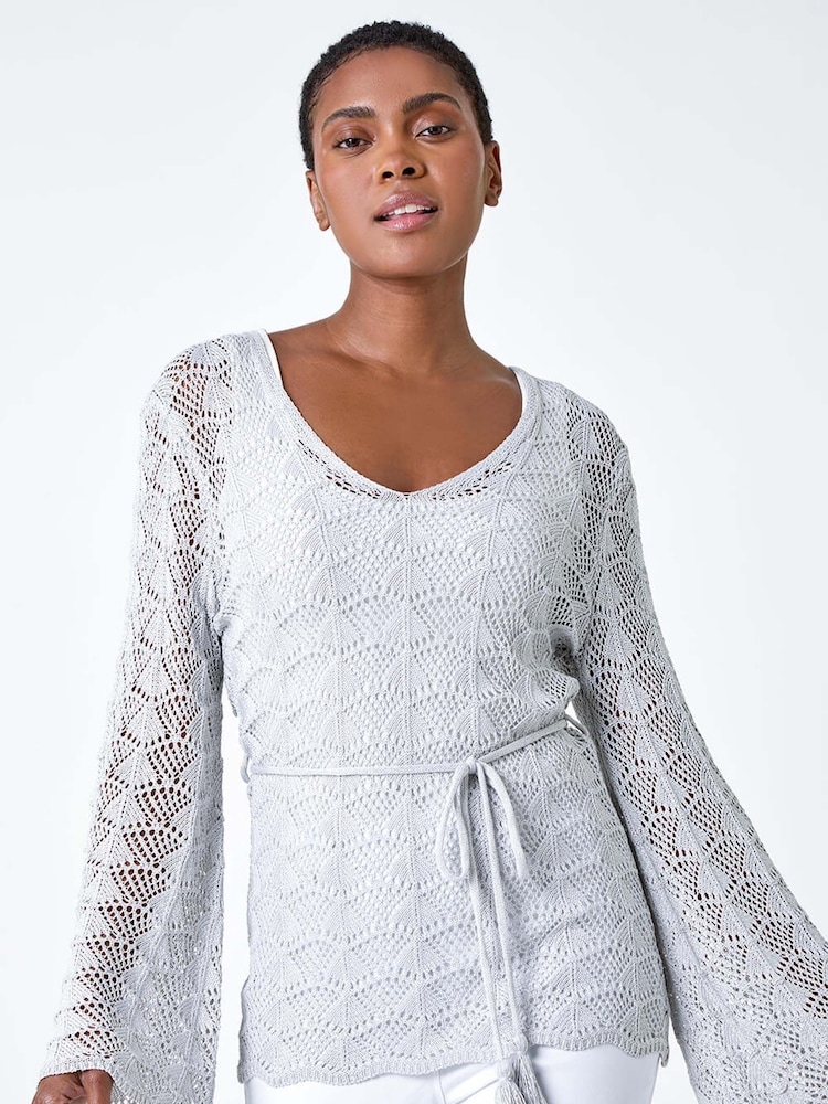 Roman Grey Shimmer Crochet Tie Stretch Knit Jumper - Image 1 of 5