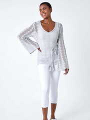 Roman Grey Shimmer Crochet Tie Stretch Knit Jumper - Image 2 of 5