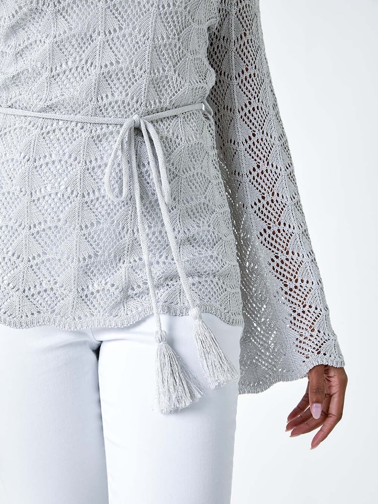 Roman Grey Shimmer Crochet Tie Stretch Knit Jumper - Image 5 of 5
