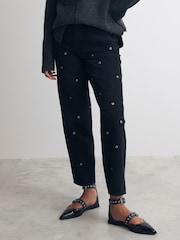 Washed Black Eyelet Detail Barrel Leg 100% Cotton Jeans - Image 1 of 9